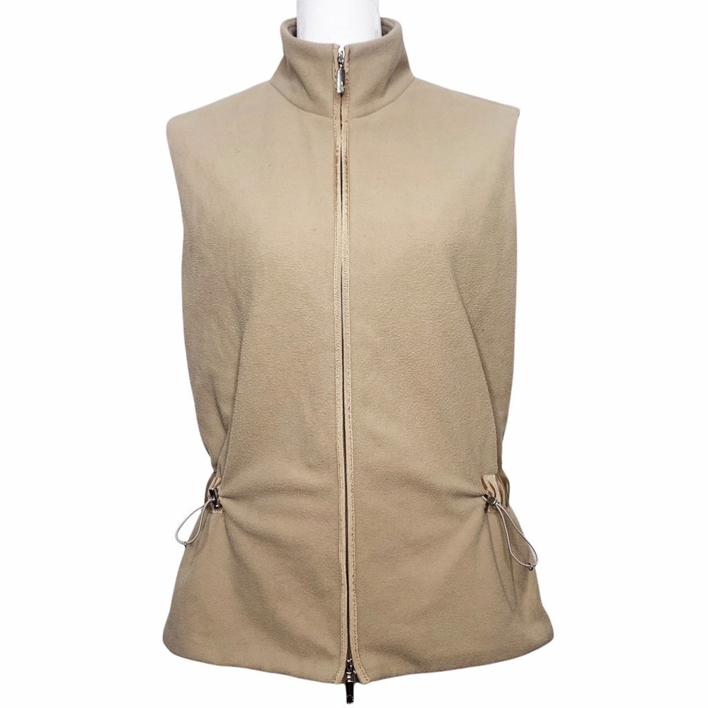 Moncler Italy Fleece Tan Double Zipper Vest Drawstring Cinched Waist Luxury Desi